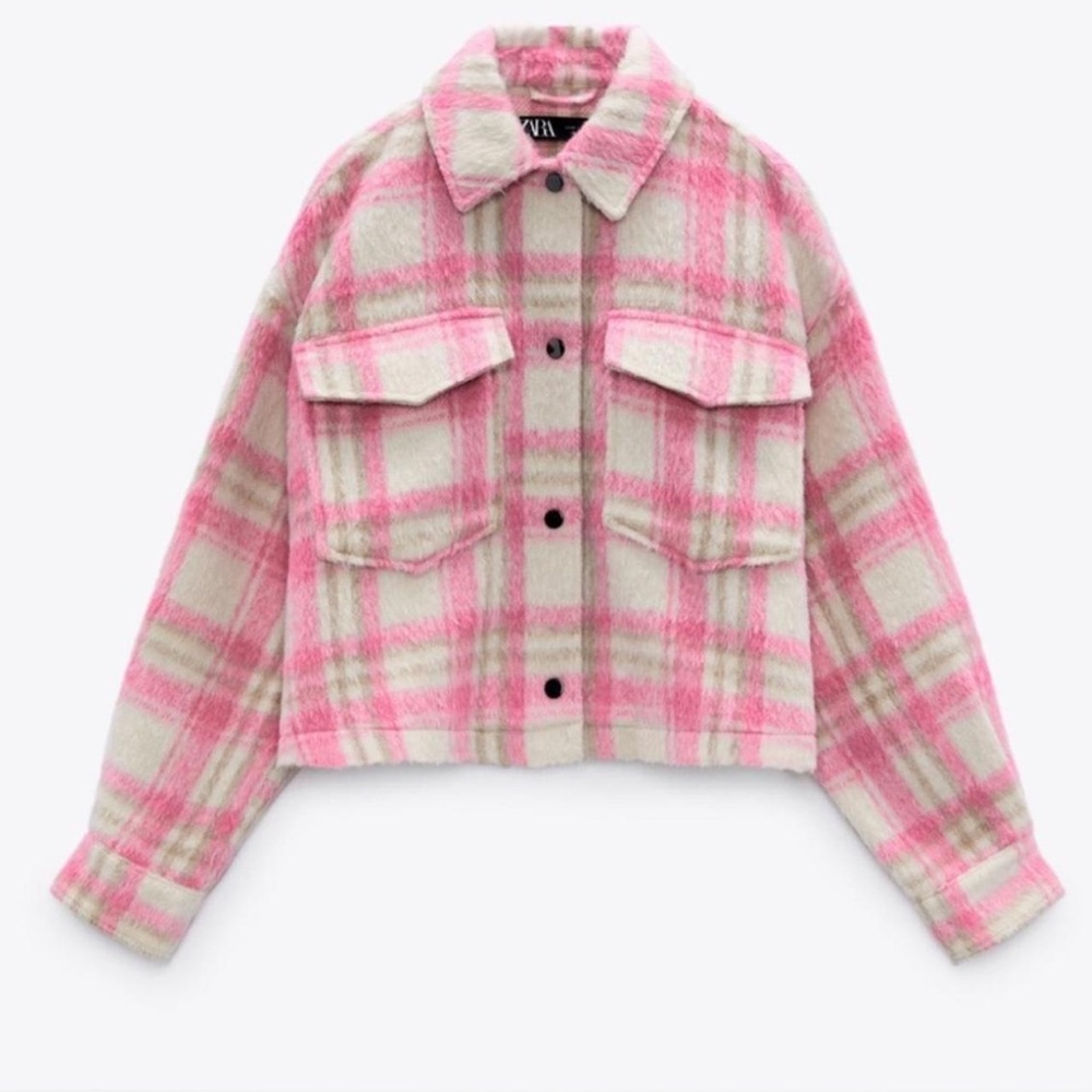 Zara Pink and Cream Plaid Teddy Jacket